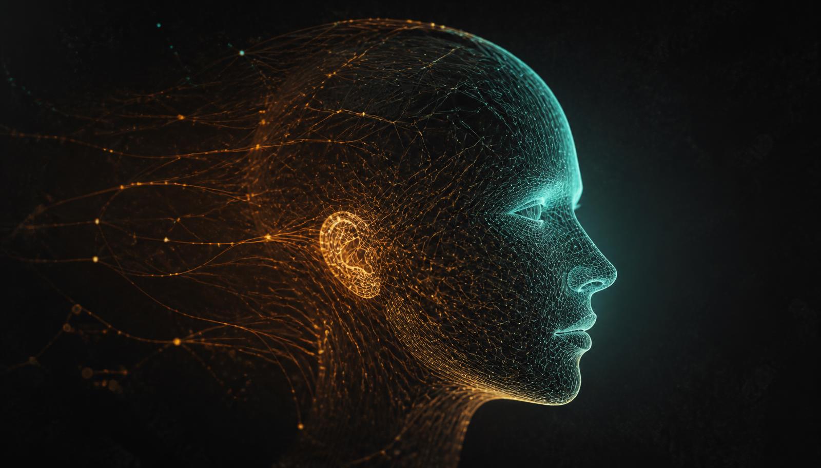 Illustration of an AI persona built from a network of light lines, representing PersonAible's persona engine